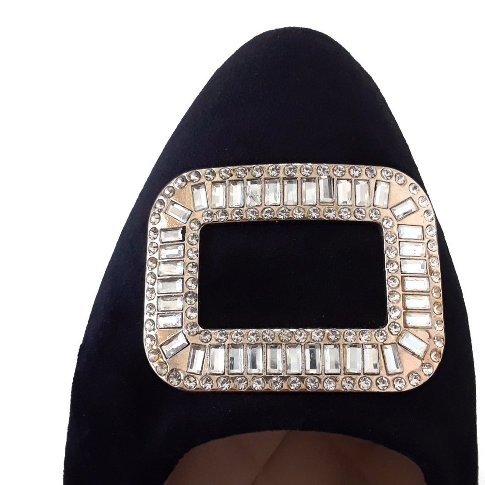 Black Velvet Rhinestone Buckle Pointed Toe Ballet Flats - Picture 10 of 15